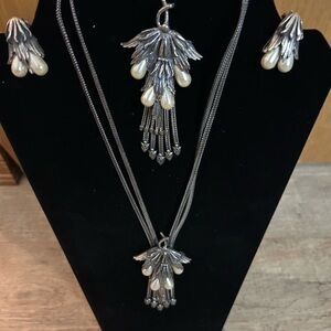 Botticelli Silver Necklace, Brooch and Clip Earrings all with Faux Pearl Accents